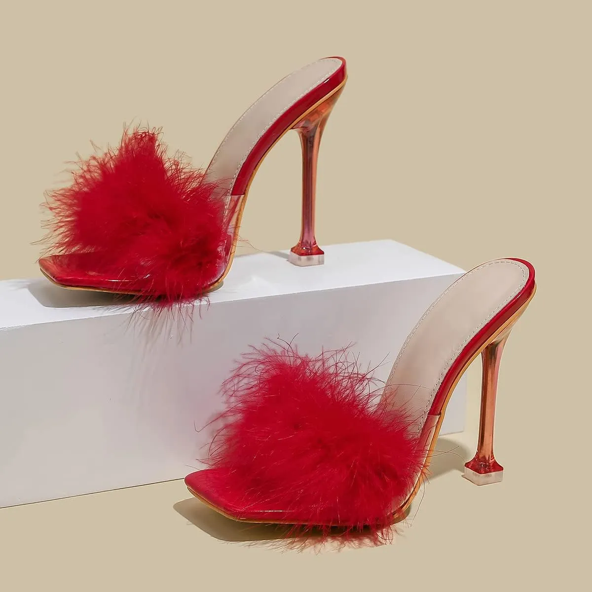Women White Feather Clear PVC Slippers Square Toe Stilettos Slides Transparent Crystal High Heels Sandals Mules Party Shoes Glass Heels