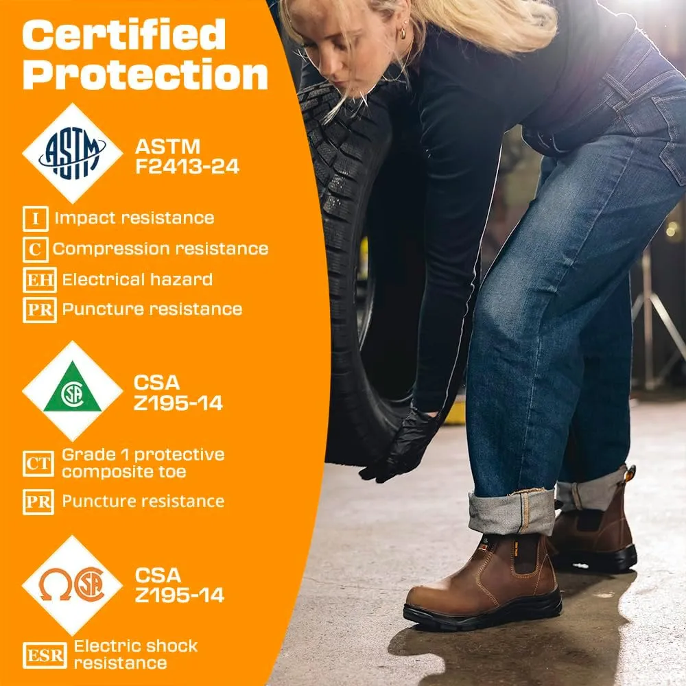 Women's ASTM & CSA Certified Composite Toe Chelsea Work Boots – 100% Leather, Lightweight, I/C/EH/PR/ESR, Oil/Slip/Heat Resistant, Rubber Outsole, Safety Boots 666