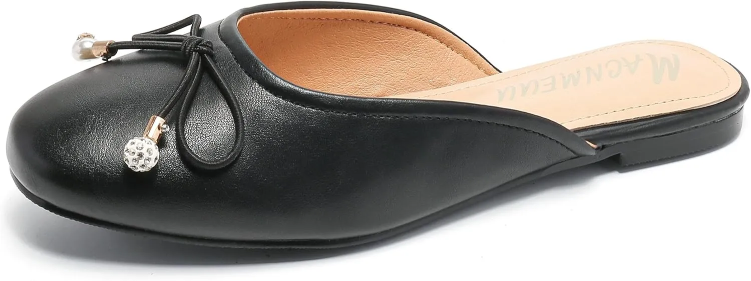 Women's Black Mules: Round Toe, Backless, Slides, Comfortable, Metal Buckle
