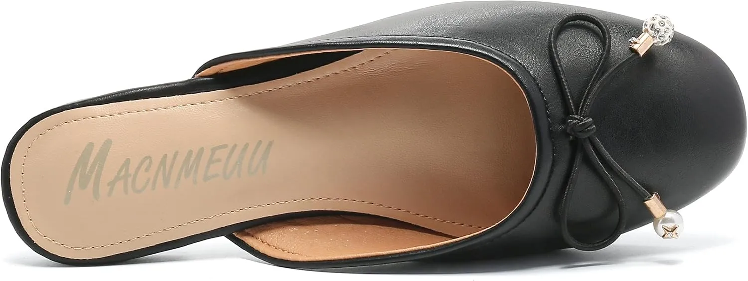 Women's Black Mules: Round Toe, Backless, Slides, Comfortable, Metal Buckle