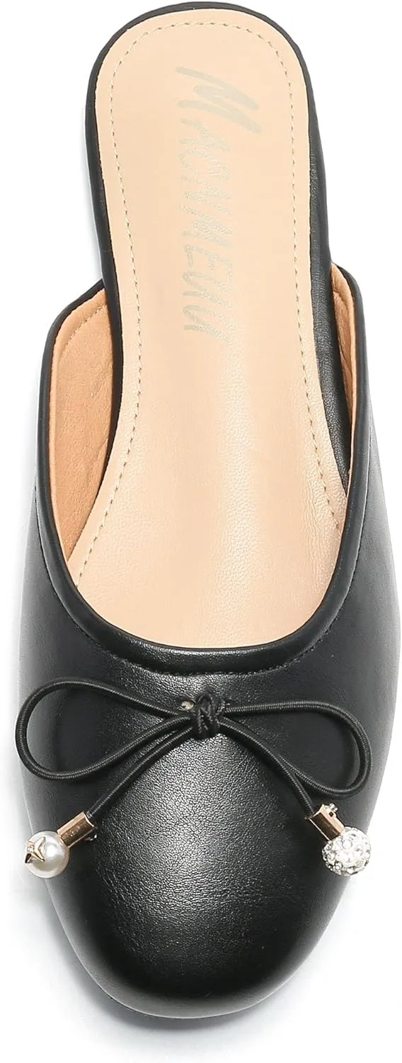 Women's Black Mules: Round Toe, Backless, Slides, Comfortable, Metal Buckle