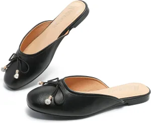 Women's Black Mules: Round Toe, Backless, Slides, Comfortable, Metal Buckle