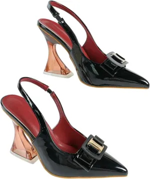 Women's Black Patent Leather Pointed Toe Slingback Sandals with Sculptural Rose Gold Heel - Adjustable Ankle Strap, Red Insole & Metallic Buckle for Formal Events, Banquets, and Business Occasions