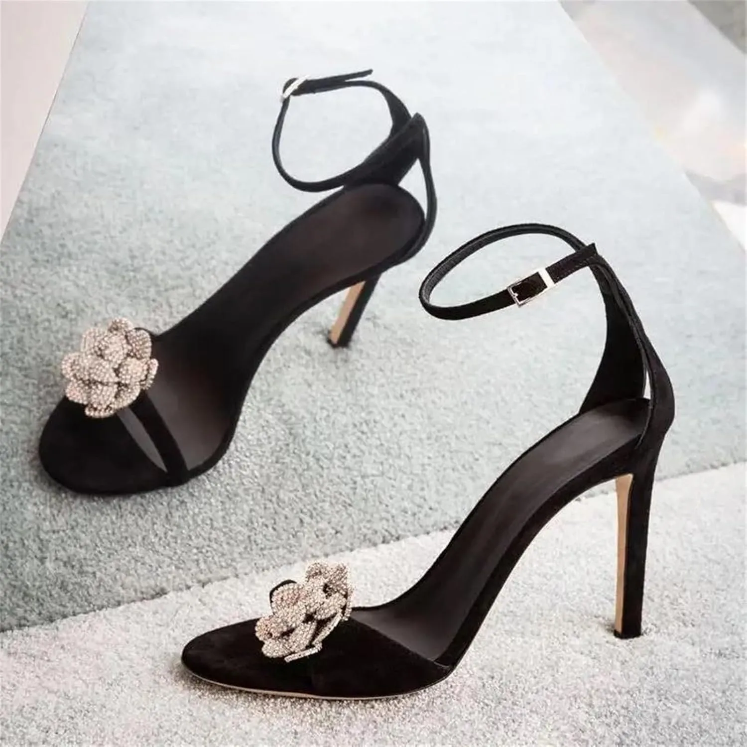 Women's Black Sandals, Ankle Strap Stiletto High Heels Summer Party
