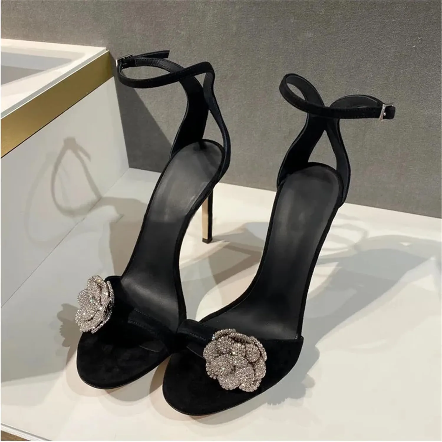 Women's Black Sandals, Ankle Strap Stiletto High Heels Summer Party