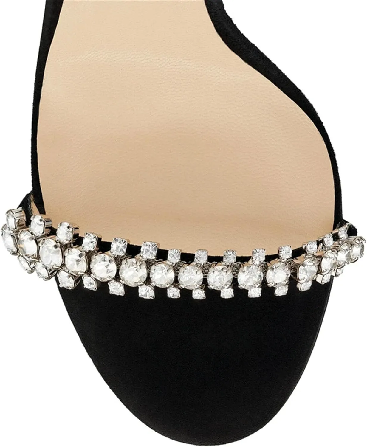 Women's Black Suede Crystal Ankle Strap Sandals, Rhinestone Prom Party Pumps Office Work Stilettos