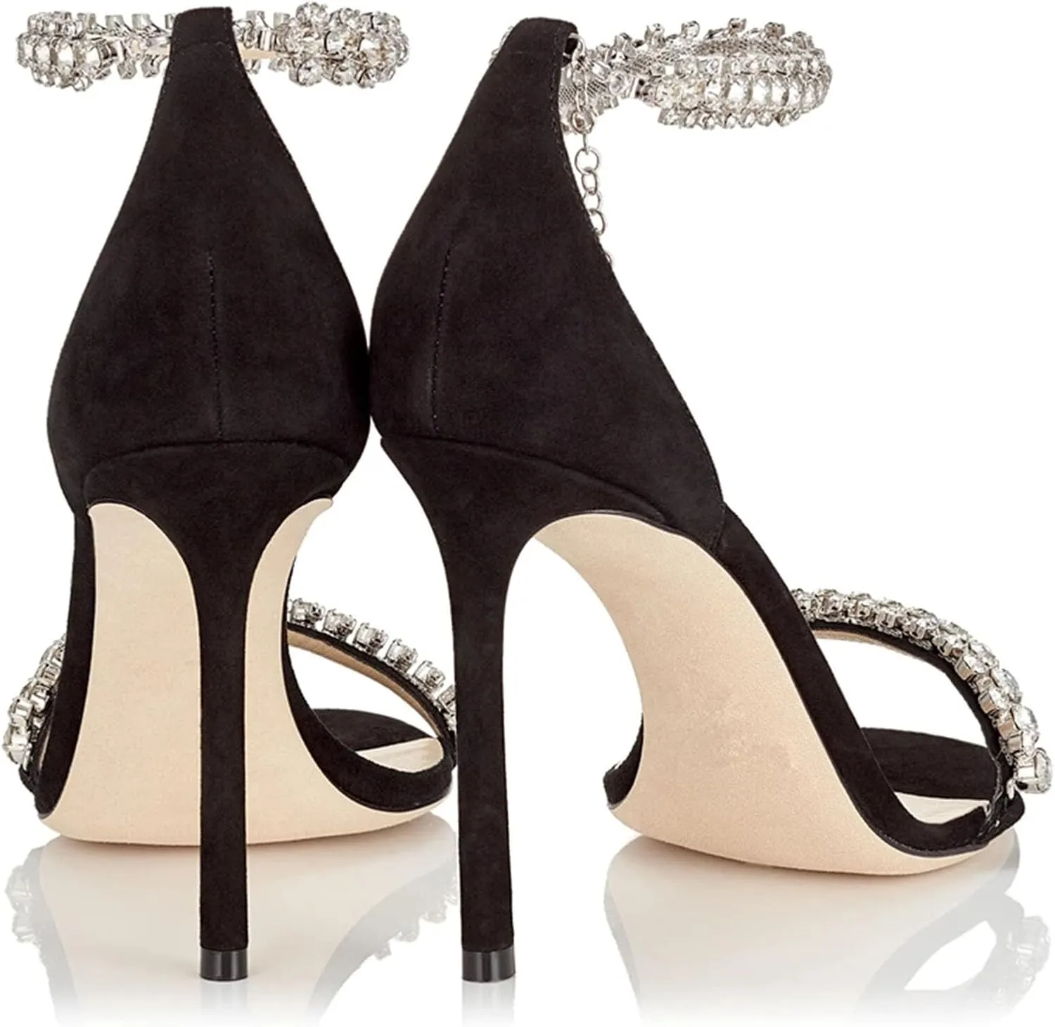 Women's Black Suede Crystal Ankle Strap Sandals, Rhinestone Prom Party Pumps Office Work Stilettos