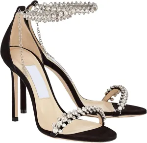 Women's Black Suede Crystal Ankle Strap Sandals, Rhinestone Prom Party Pumps Office Work Stilettos