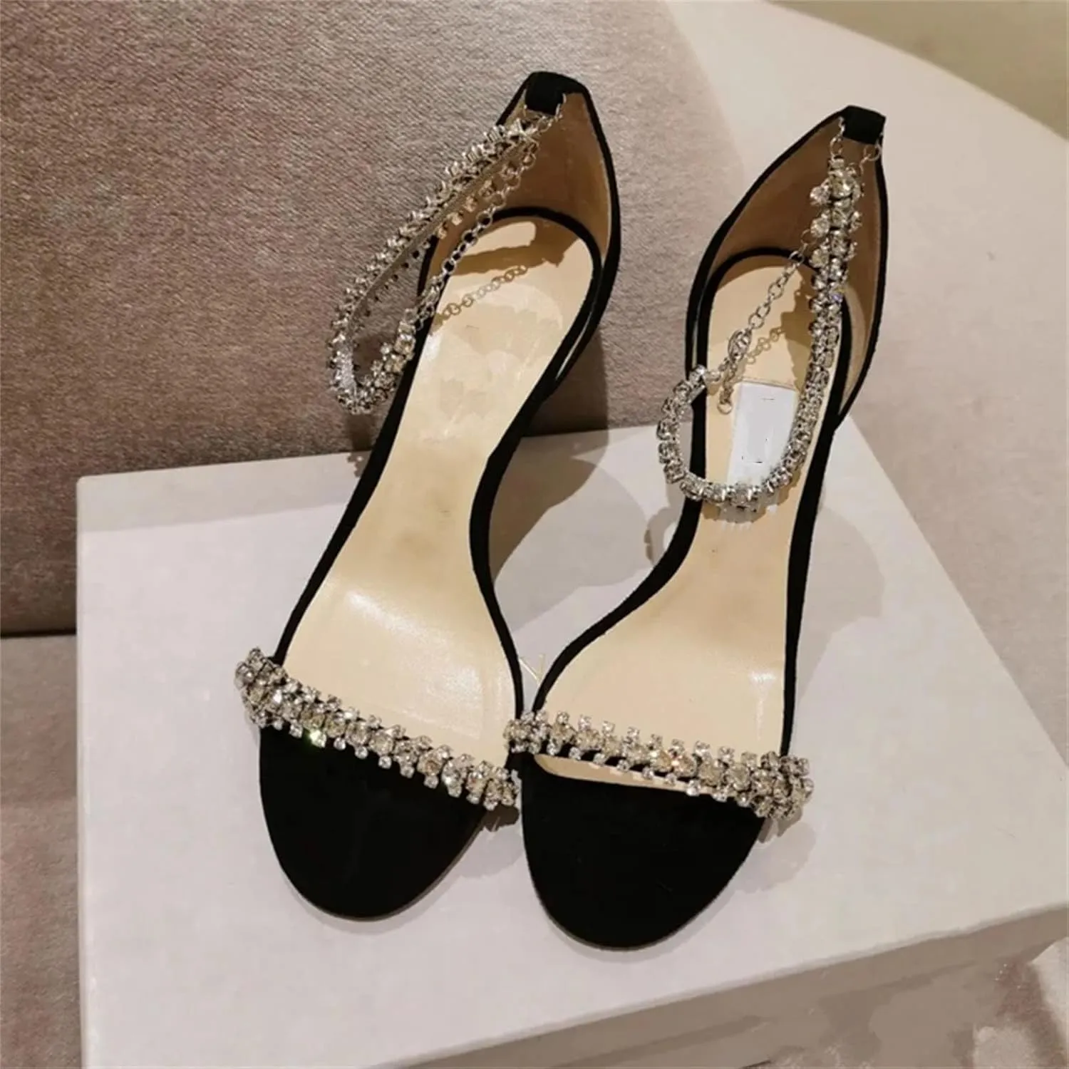 Women's Black Suede Crystal Ankle Strap Sandals, Rhinestone Prom Party Pumps Office Work Stilettos