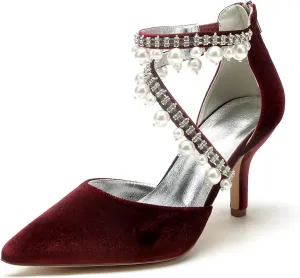 Womens Bridal Shoes Pointed Toe Wedding Shoes High Heel Beaded Pumps Heeled Ankle Buckle Court Sandals Evening Party Dress Stiletto