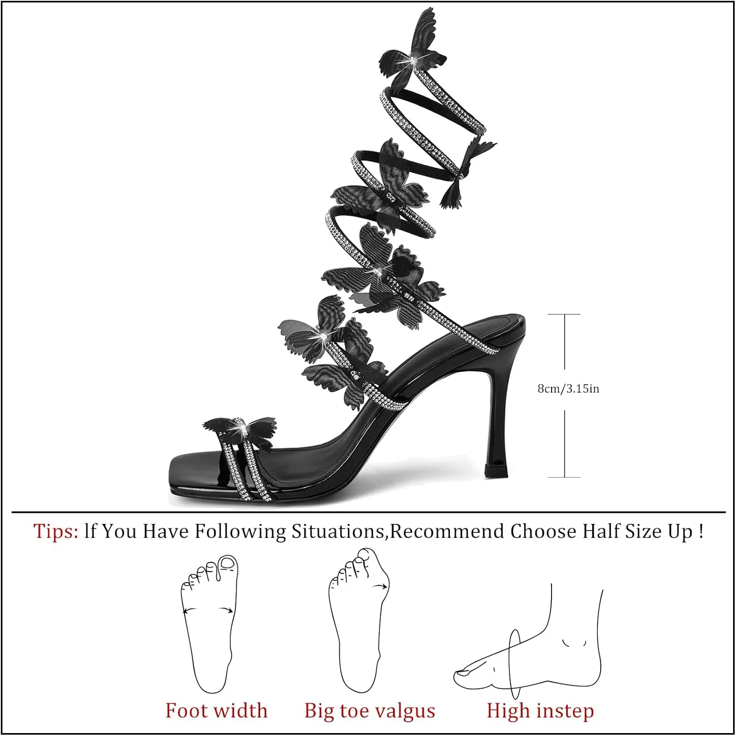 Women's Butterly Heels Rhinestone Stilettos Elegant Open Square ToeSpiral Wrap Around Dress High Heel Sandals For Wedding Party Prom