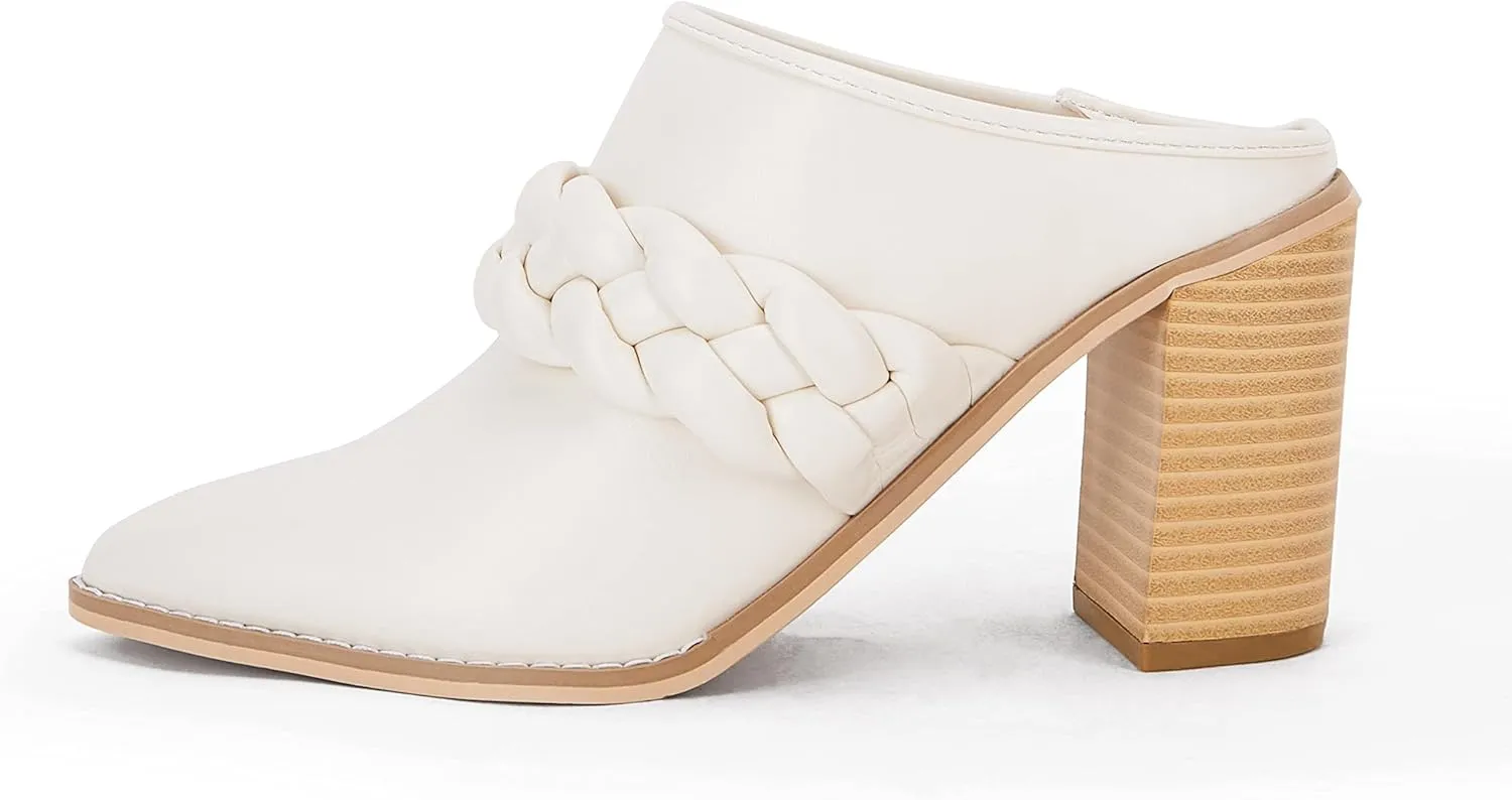 Womens Chunky Block Heel Mules Braided Strap Backless Booties Slip On Closed Pointed Toe Shoes