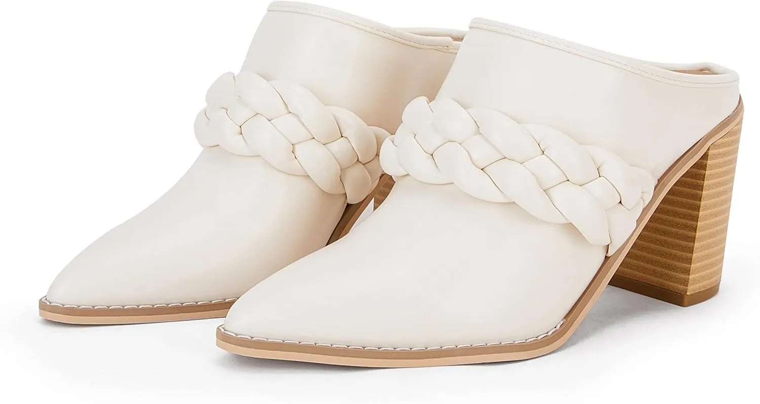 Womens Chunky Block Heel Mules Braided Strap Backless Booties Slip On Closed Pointed Toe Shoes