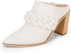 Womens Chunky Block Heel Mules Braided Strap Backless Booties Slip On Closed Pointed Toe Shoes