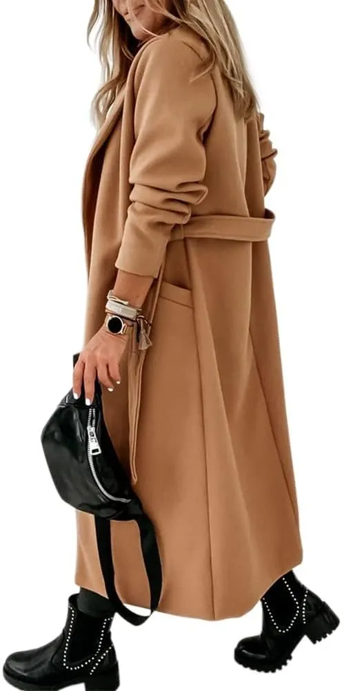 Womens Classic Coat Lapel Collar Open Front Belted Long Jacket