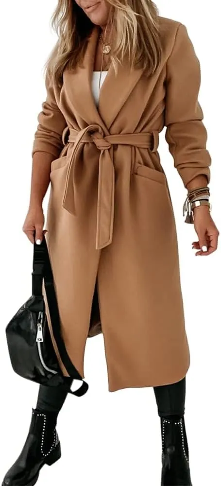 Womens Classic Coat Lapel Collar Open Front Belted Long Jacket
