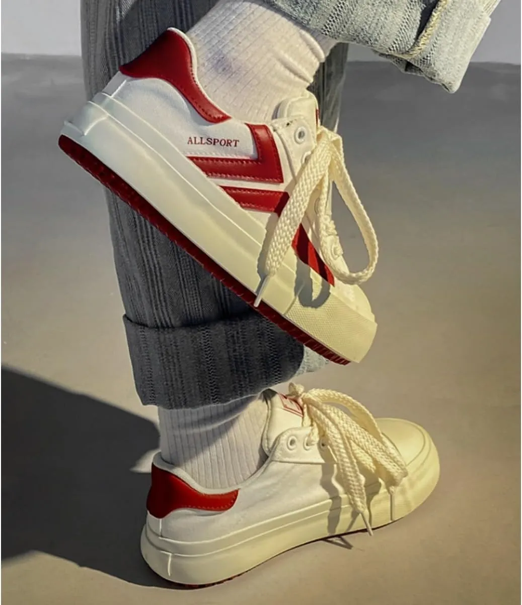 Women's Classic Low-Top White Canvas Sneakers – Retro Style with Bold Red Accents for Everyday Comfort
