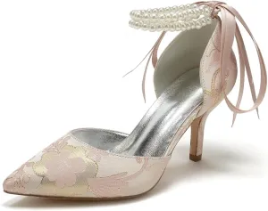 Womens Closed Toe Stiletto High Heels Wedding Shoes for Bride Pointed Toe Pearl Pumps Bridal Shoes Bowknot Strap Sandals Evening Dress Floral Satin