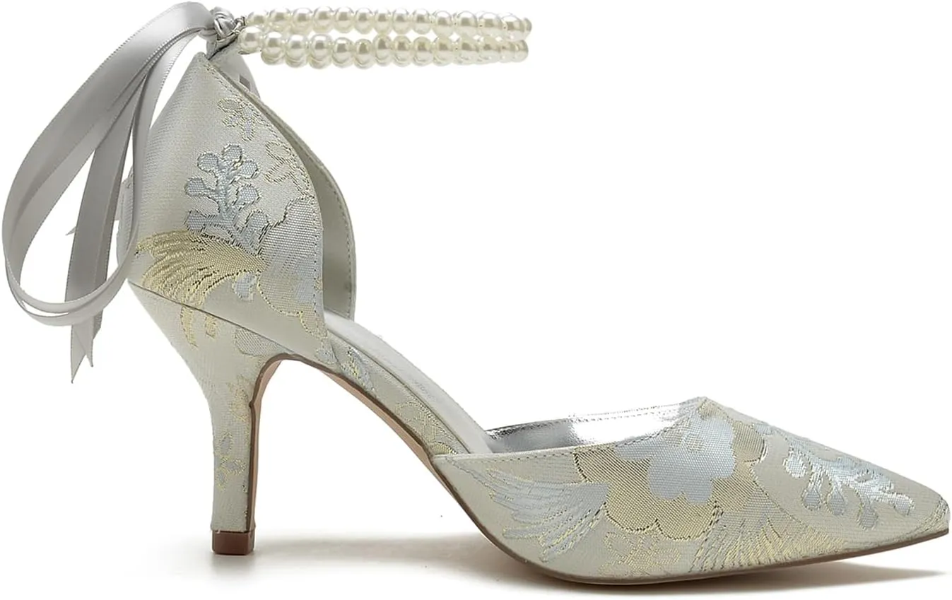 Womens Closed Toe Stiletto High Heels Wedding Shoes for Bride Pointed Toe Pearl Pumps Bridal Shoes Bowknot Strap Sandals Evening Dress Floral Satin