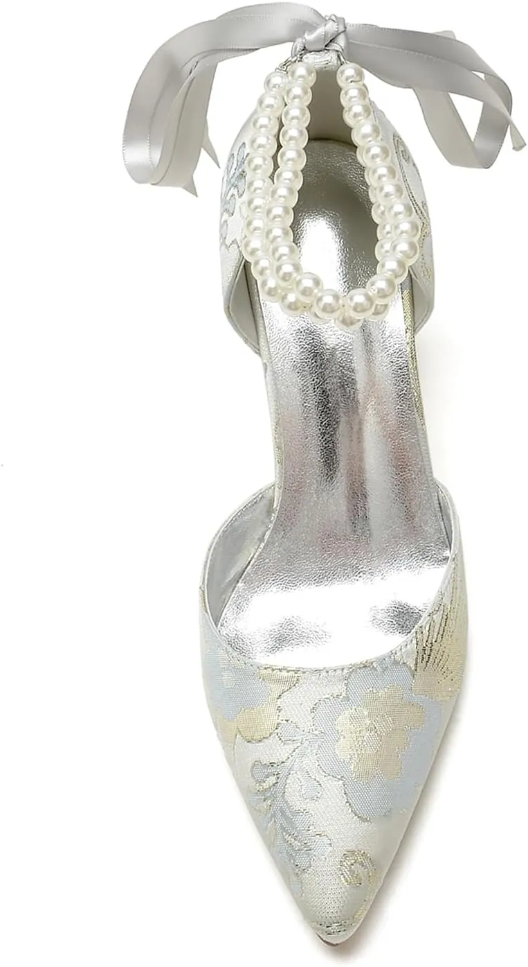 Womens Closed Toe Stiletto High Heels Wedding Shoes for Bride Pointed Toe Pearl Pumps Bridal Shoes Bowknot Strap Sandals Evening Dress Floral Satin