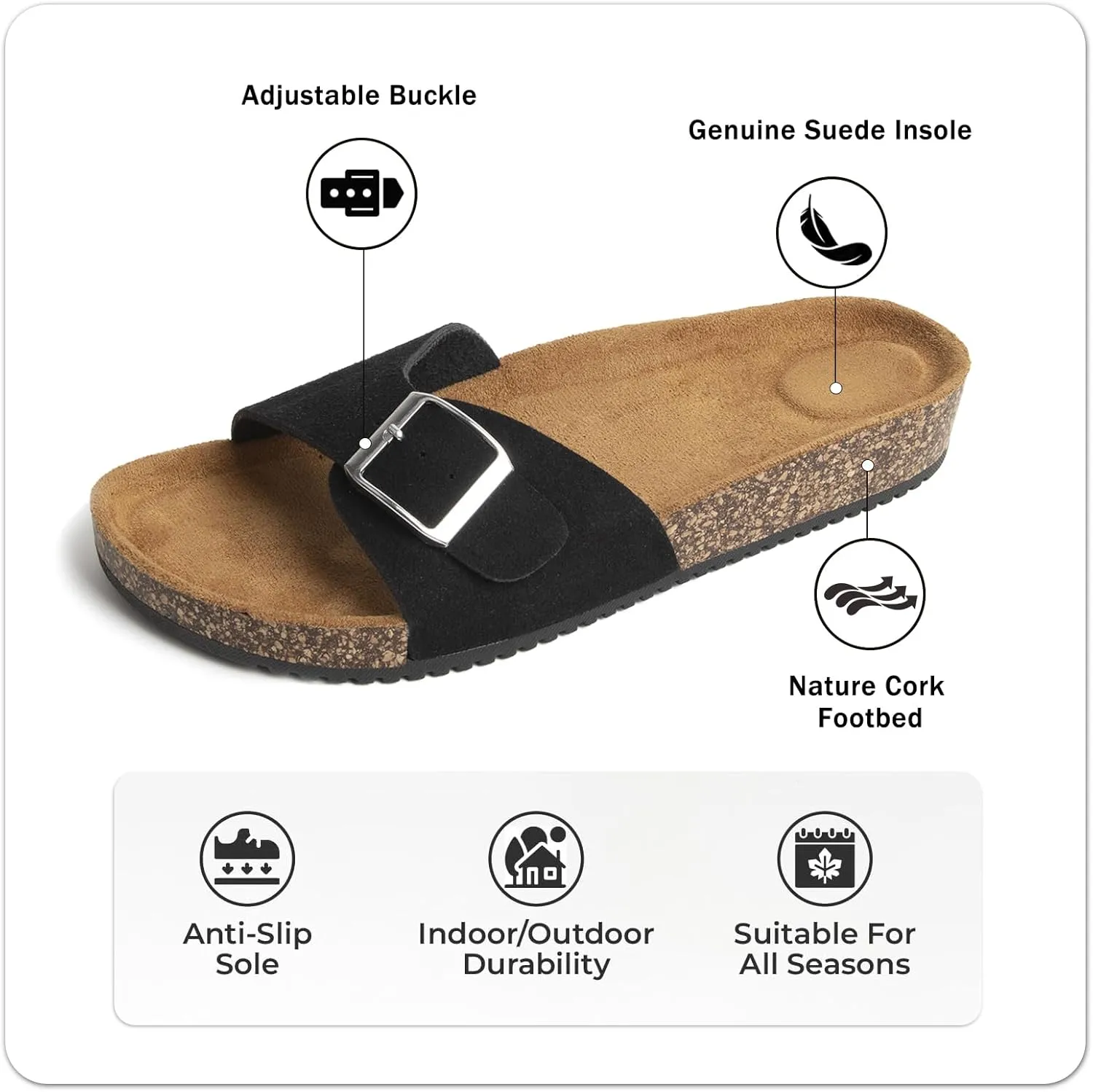 Women's Cork Footed Sandals Women Dressy Summer Beach Essentials Genuine Leather Sandals with Adjustable Buckle Comfortable Arch Support Women's Footwear