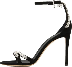 Women's Crystal Chain Decor Sandals, Black Ankle Strap High Heels Dress Party Prom Pumps