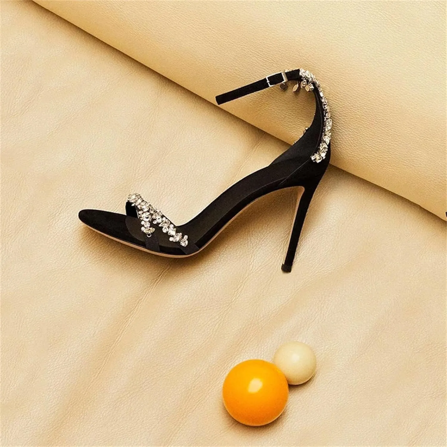 Women's Crystal Chain Decor Sandals, Black Ankle Strap High Heels Dress Party Prom Pumps