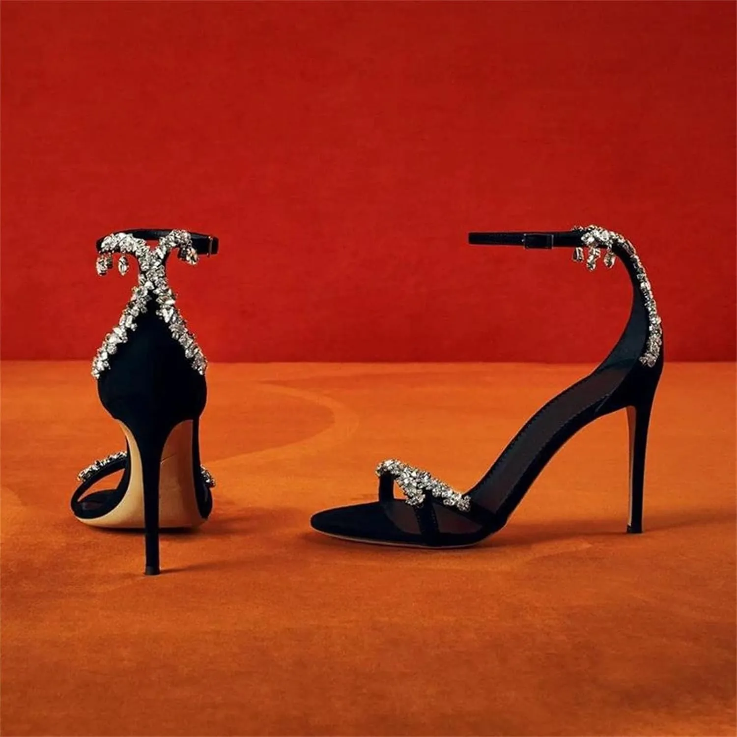 Women's Crystal Chain Decor Sandals, Black Ankle Strap High Heels Dress Party Prom Pumps