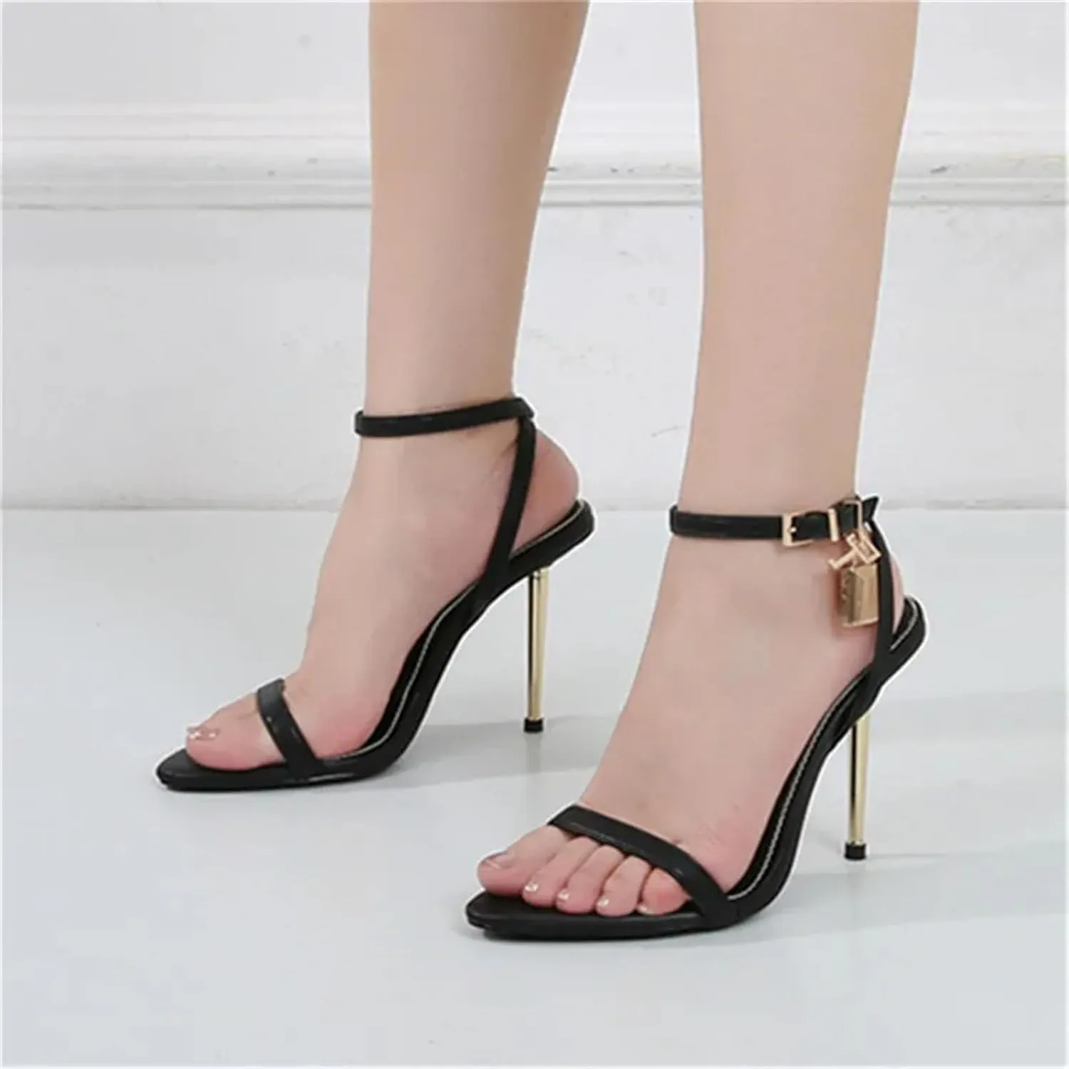 Women's Designer Padlock Gladiator Sandals, Black 10CM High Heel Pointed Toe Party Pumps