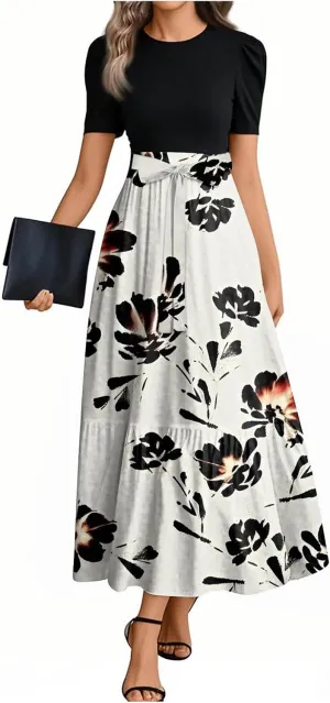 Women's Elegant Floral Maxi Dress Short Sleeve High Waist Casual Summer Long Dresses with Pockets