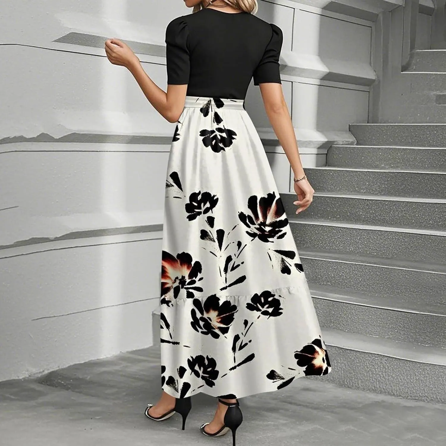 Women's Elegant Floral Maxi Dress Short Sleeve High Waist Casual Summer Long Dresses with Pockets