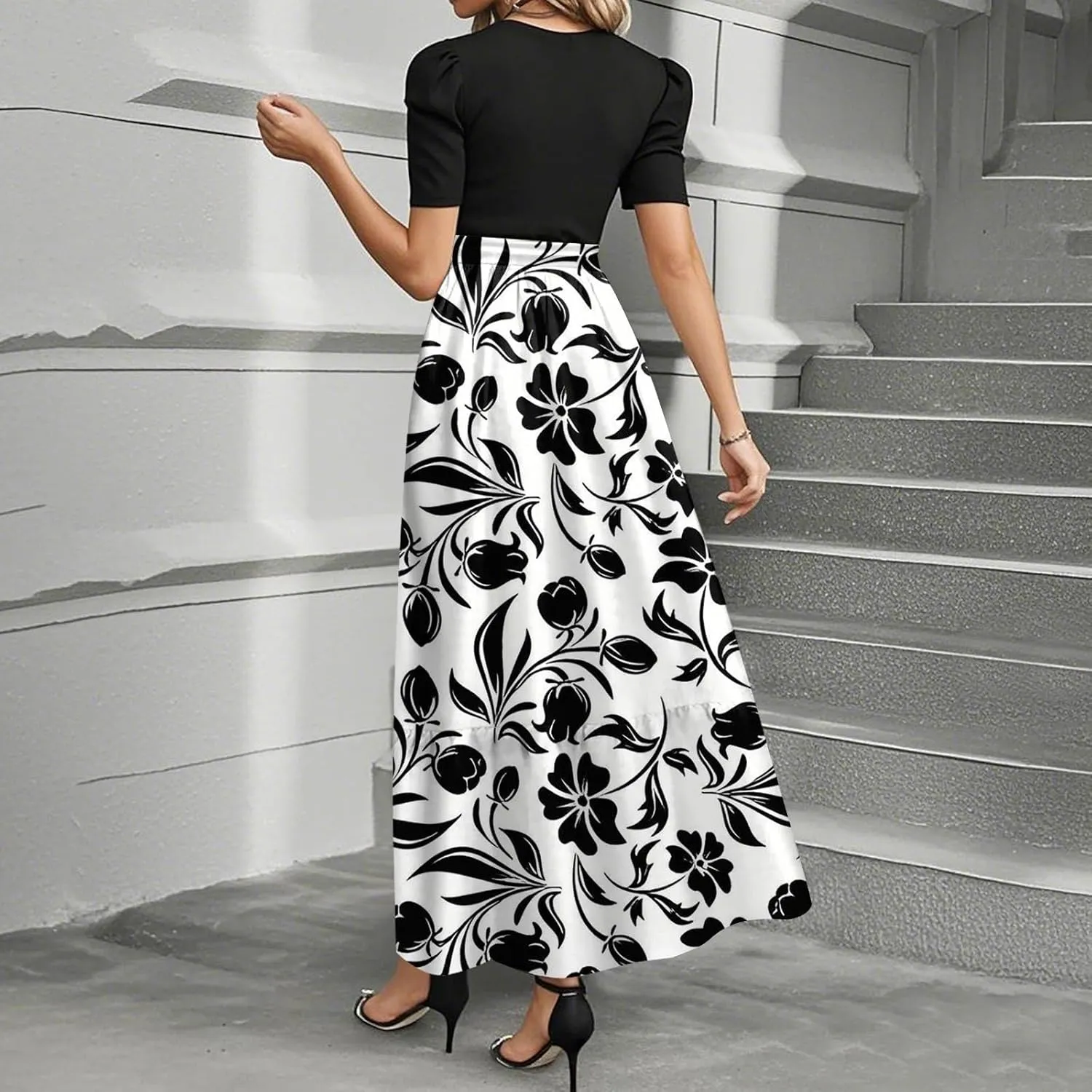 Women's Elegant Floral Maxi Dress Short Sleeve High Waist Casual Summer Long Dresses with Pockets