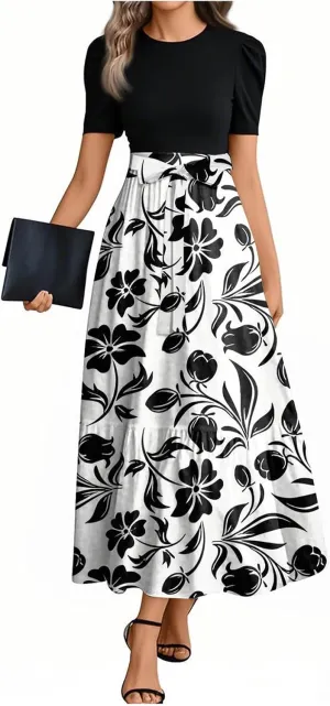 Women's Elegant Floral Maxi Dress Short Sleeve High Waist Casual Summer Long Dresses with Pockets