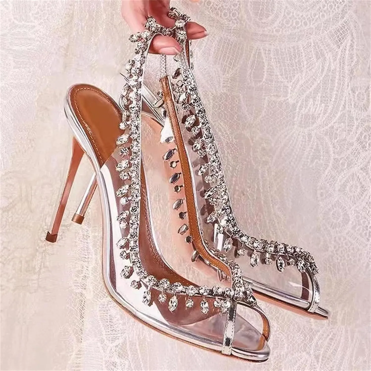 Women's Fish Mouth Sandals, Transparent Chain Stiletto Heels