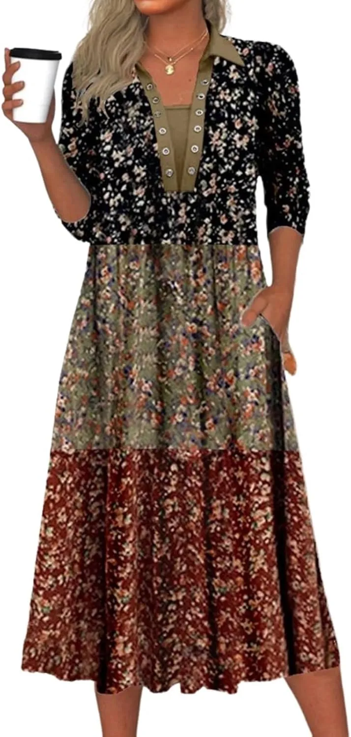 Women's Floral Long Sleeve A-Line Midi Dress Spring Summer Office Casual Daily Outdoor Wear with Pockets