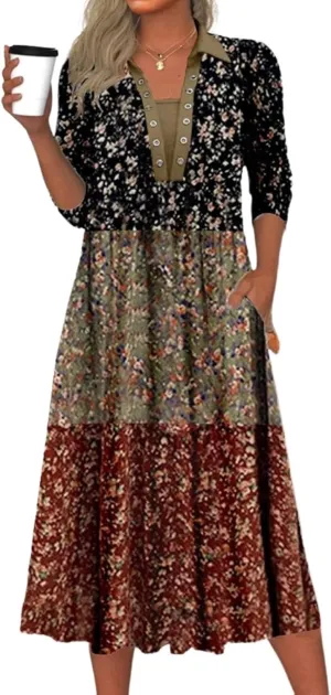 Women's Floral Long Sleeve A-Line Midi Dress Spring Summer Office Casual Daily Outdoor Wear with Pockets