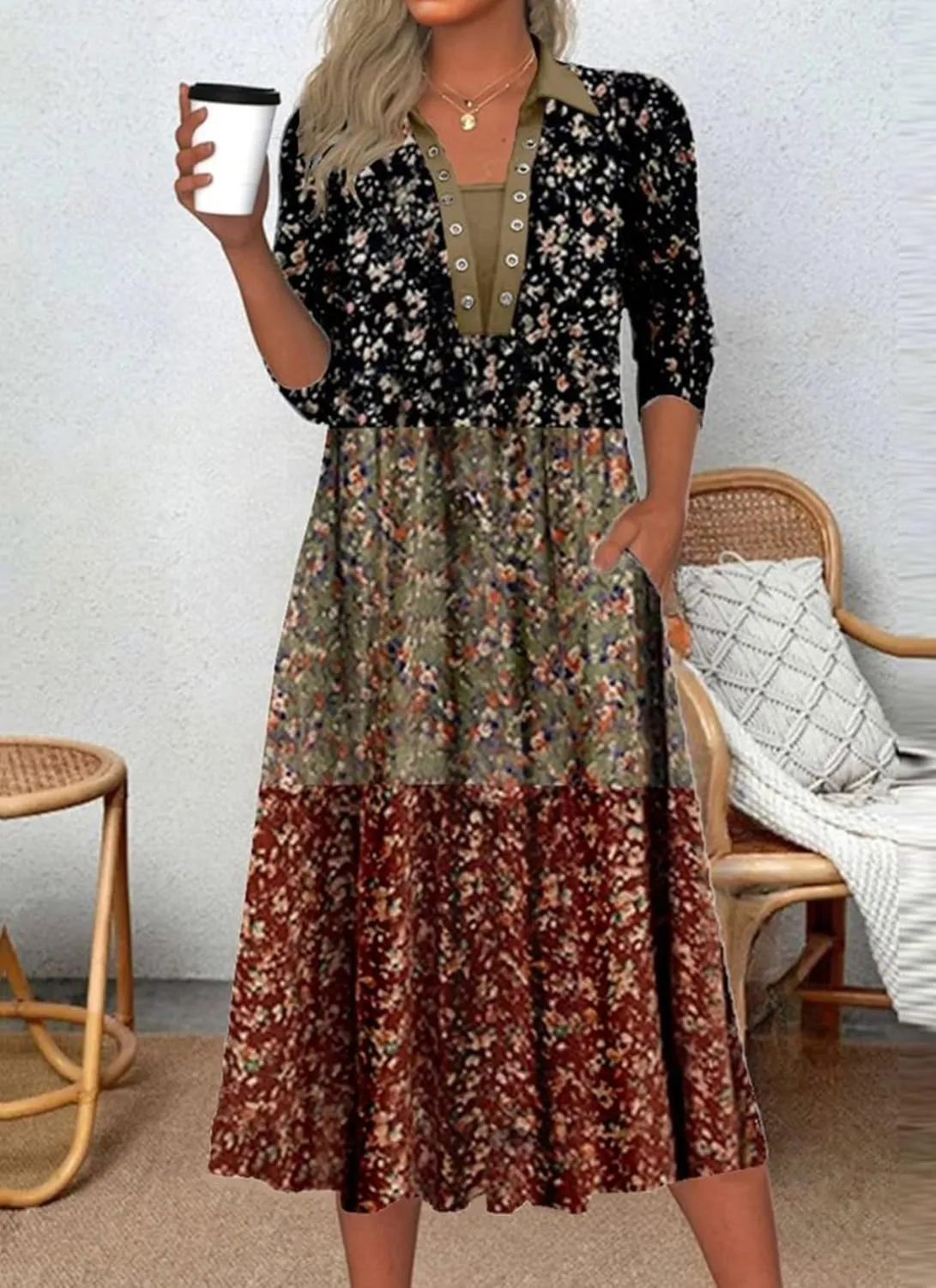 Women's Floral Long Sleeve A-Line Midi Dress Spring Summer Office Casual Daily Outdoor Wear with Pockets