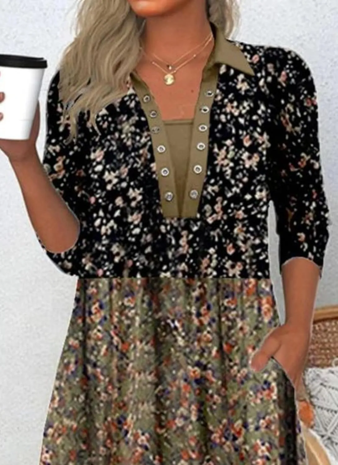Women's Floral Long Sleeve A-Line Midi Dress Spring Summer Office Casual Daily Outdoor Wear with Pockets