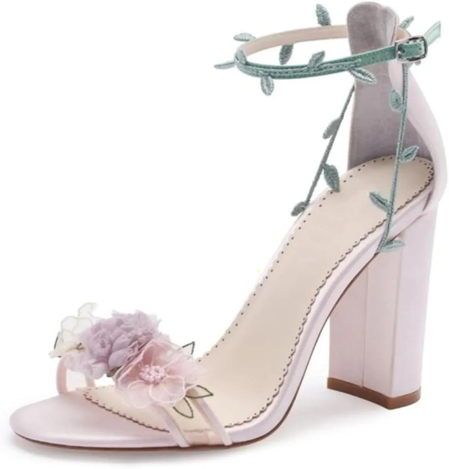 Women's Floral Thick Heel Sandals, Purple Leaf Decor Wedding Party Shoes