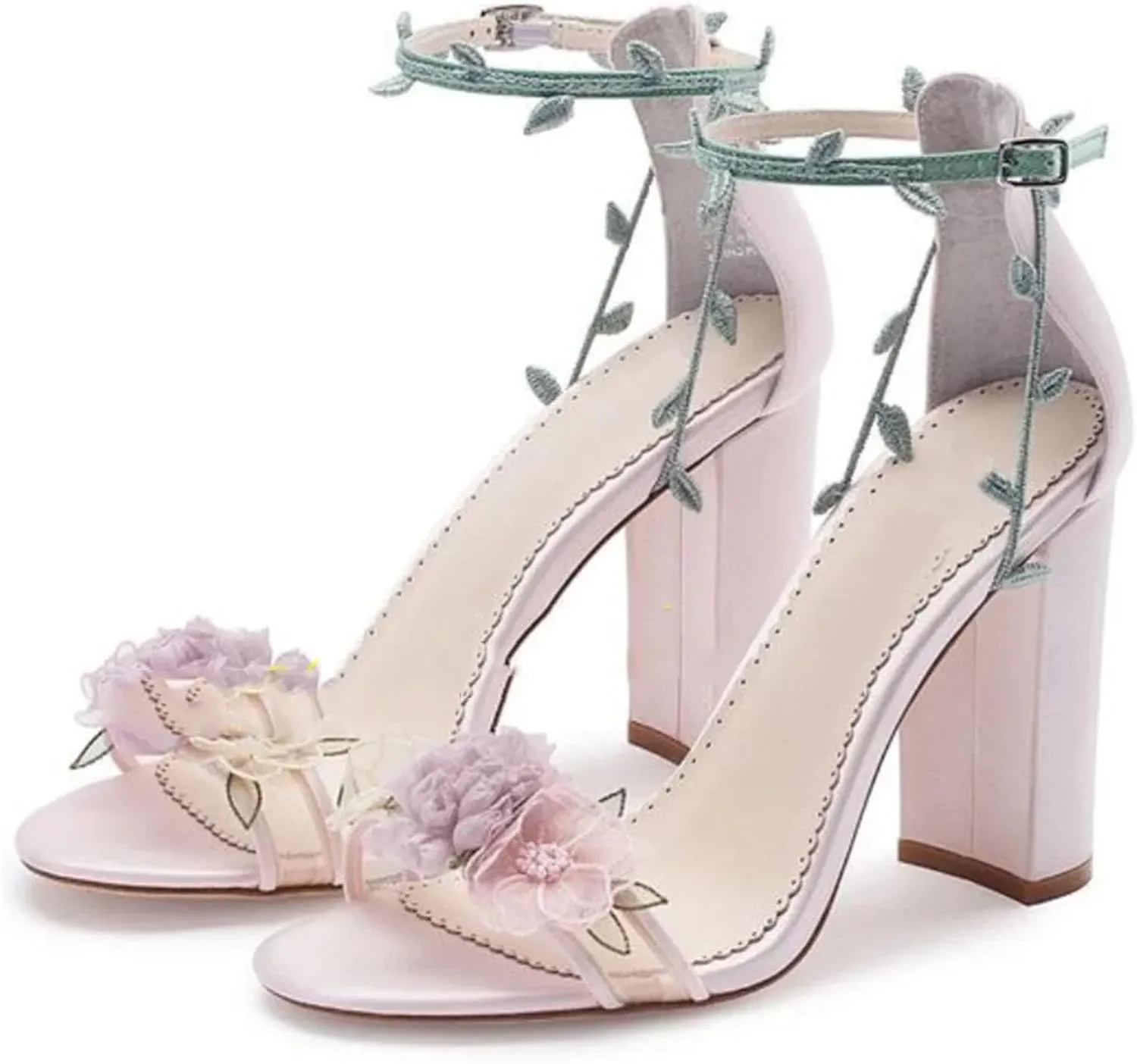 Women's Floral Thick Heel Sandals, Purple Leaf Decor Wedding Party Shoes
