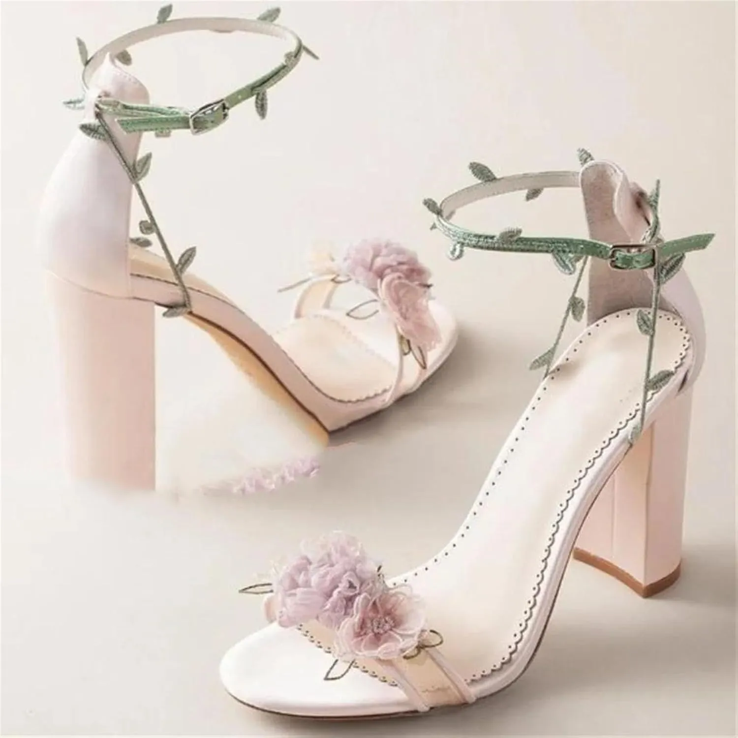 Women's Floral Thick Heel Sandals, Purple Leaf Decor Wedding Party Shoes