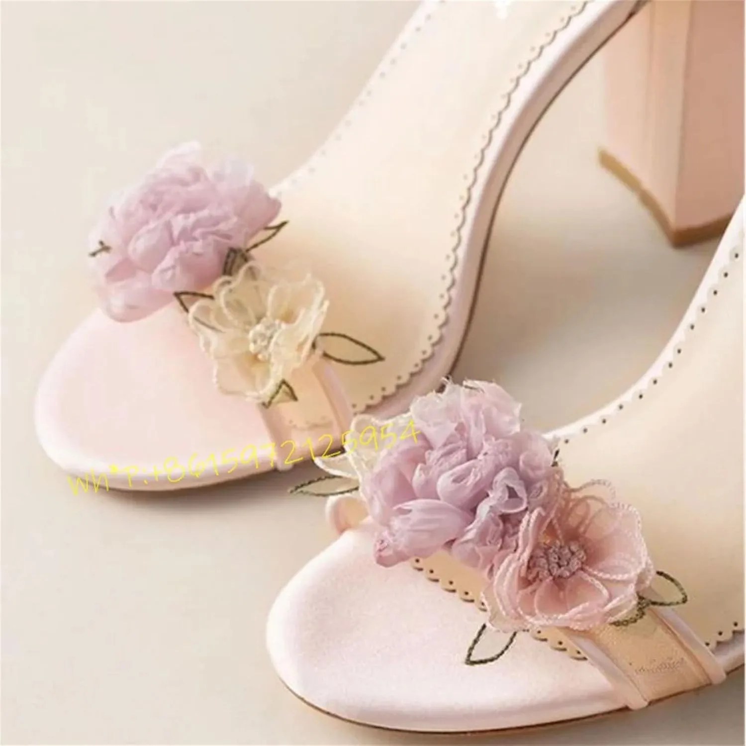 Women's Floral Thick Heel Sandals, Purple Leaf Decor Wedding Party Shoes