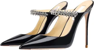 Women's Genuine Leather Summer Heeled Sandals, Luxury Crystal Strap High Heels