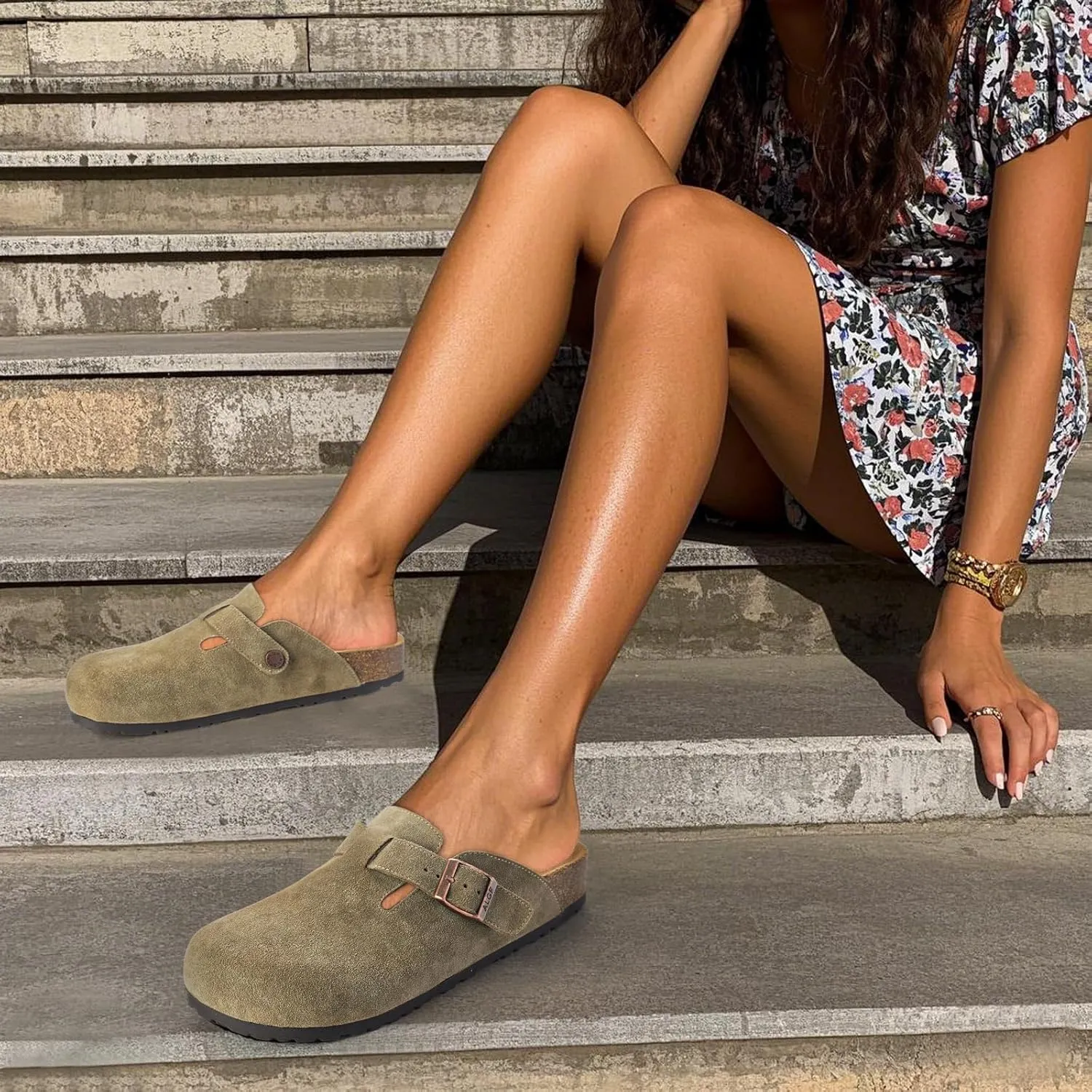 Women’s Genuine Suede Clogs for Women Slip-On Buckle Slides Women's Mules & Clogs Natural Rubber Cork Footbed Sandals Potato Shoes with Arch Support