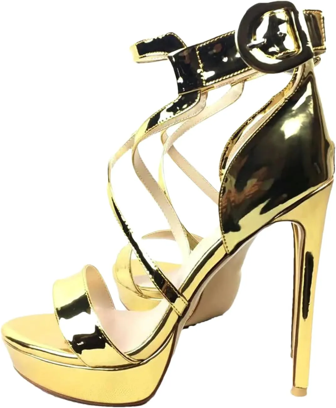 Women's Gold & Beige Platform Sandals, Cross Strap Wedding Party Heels