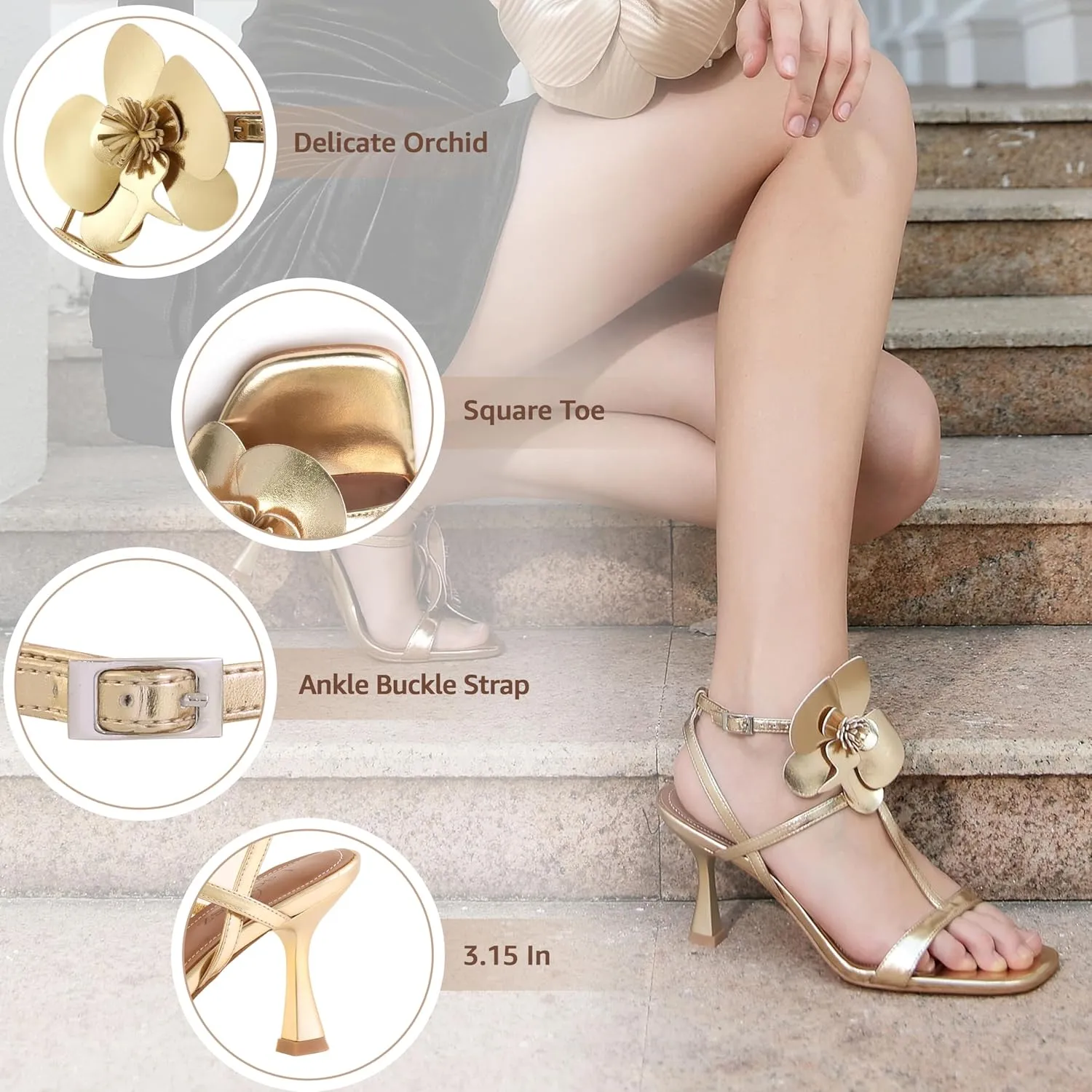 Women's Heel Sandals Flower Ankle Strap Square Open Toe Strappy Orchid Heels Dressy Sexy Wedding Shoes