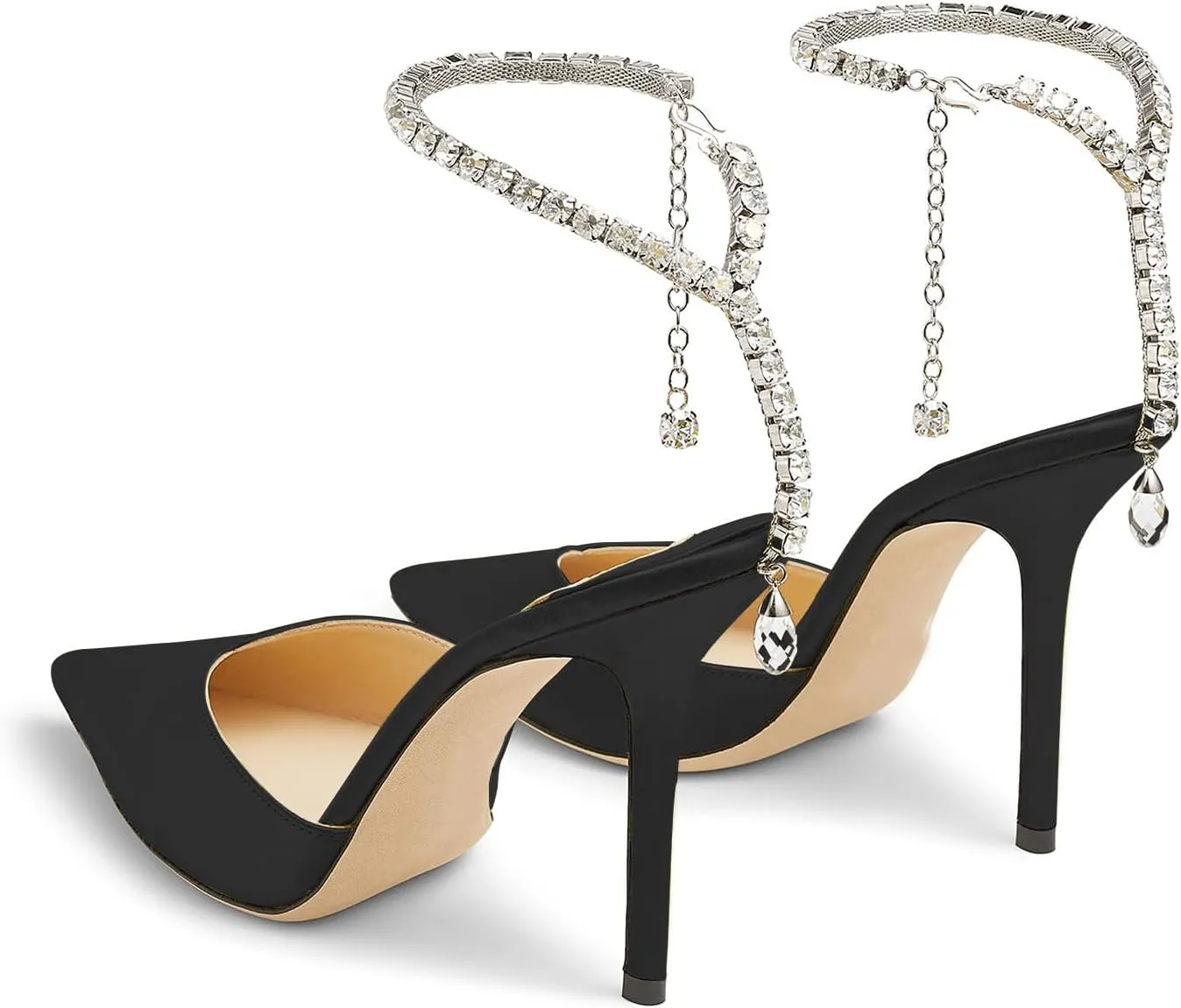 Women's Heeled Sandals Crystal Chain Rhinestone Embellished Strap Pumps Pointy Stilettos Backless Wedding Dressy Bridal Shoes