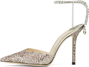 Women's Heeled Sandals Crystal Chain Rhinestone Embellished Strap Pumps Pointy Stilettos Backless Wedding Dressy Bridal Shoes