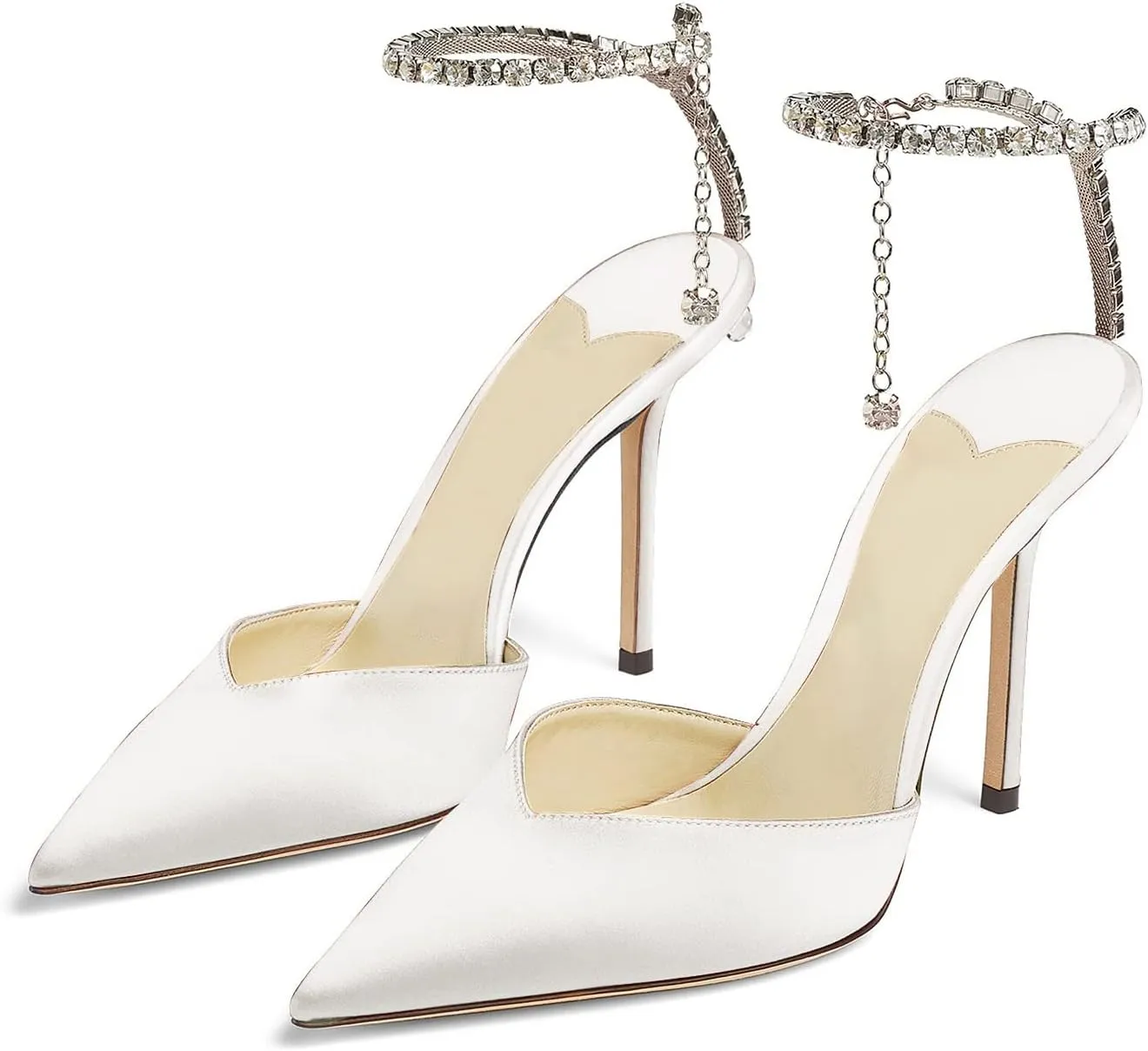Women's Heeled Sandals Crystal Chain Rhinestone Embellished Strap Pumps Pointy Stilettos Backless Wedding Dressy Bridal Shoes