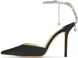 Women's Heeled Sandals Crystal Chain Rhinestone Embellished Strap Pumps Pointy Stilettos Backless Wedding Dressy Bridal Shoes